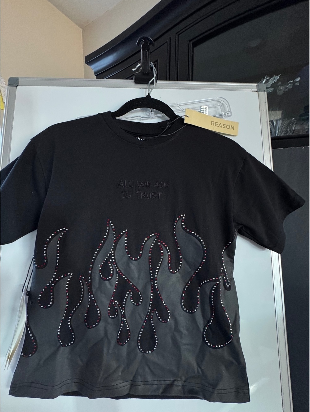 Reason Black Flame Embellished T-Shirt Size S